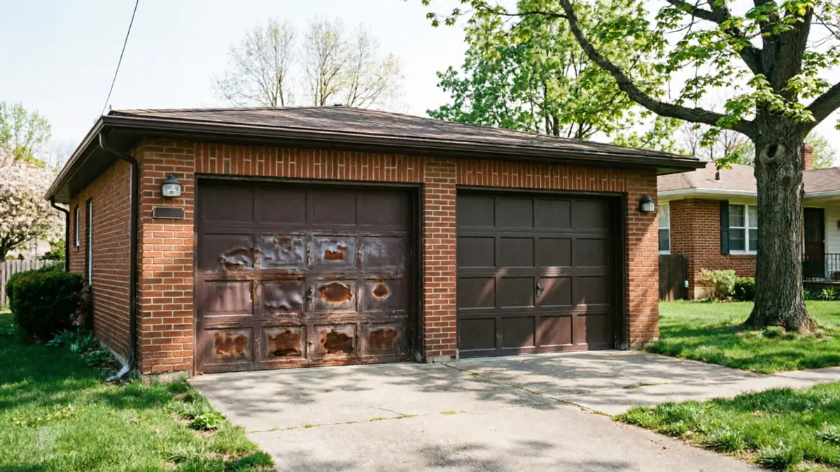 A brick garage has two brown garage doors, one rusted and one new.
