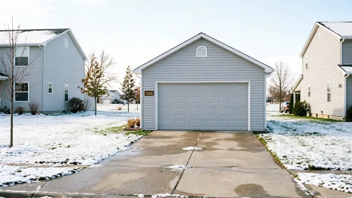 A gray garage with a gray garage door stands between two houses in a snowy landscape.
