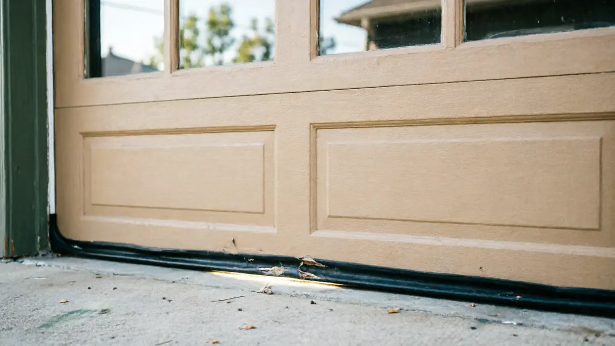 The bottom of a beige garage door has a damaged weather seal.