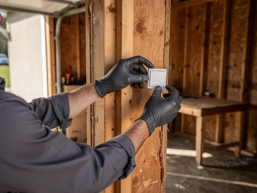 A technician in black gloves installs a white garage door opener button on a wooden wall.