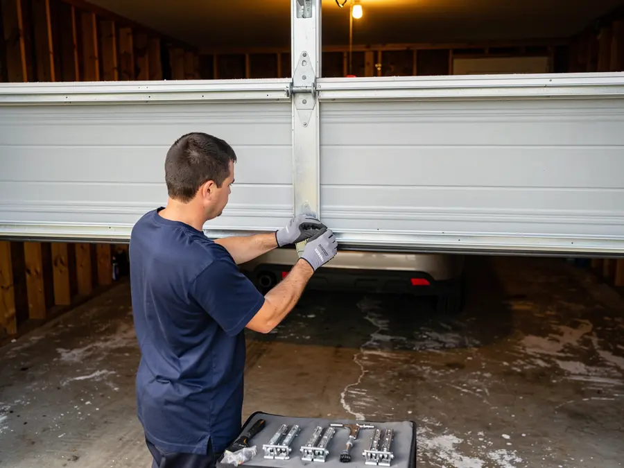A technician in gloves is working on a white garage door.