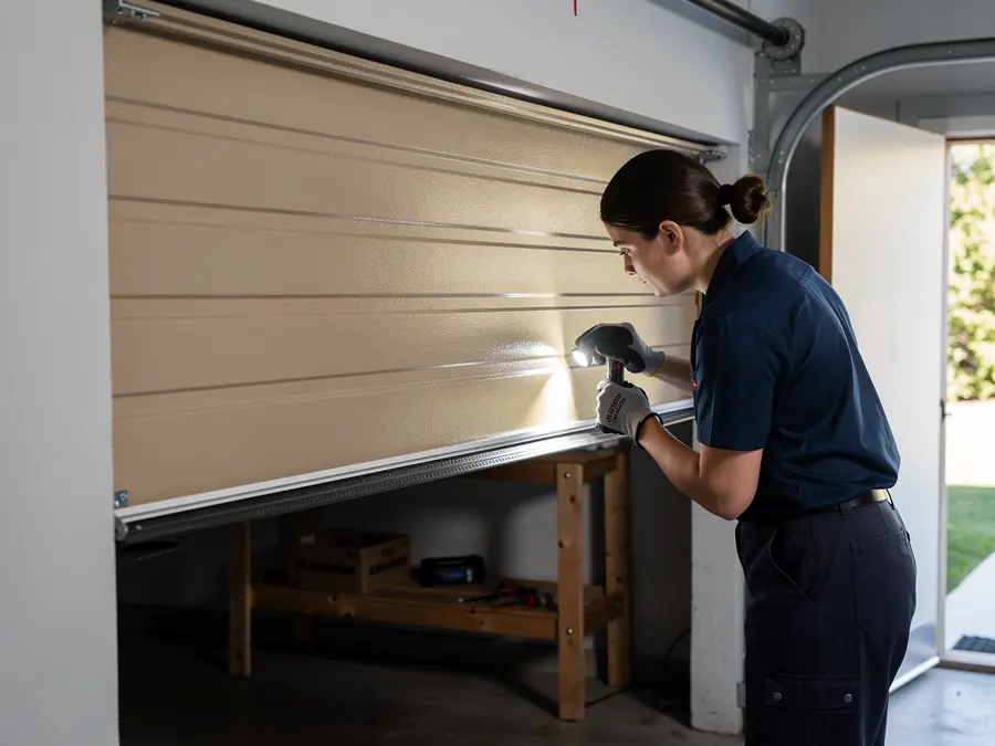 A technician shines a flashlight on the bottom of a beige garage door.