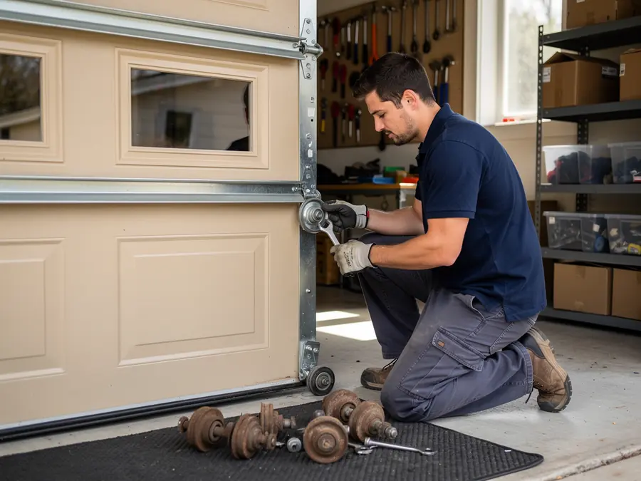 A technician kneels, repairing a beige garage door with a wrench.