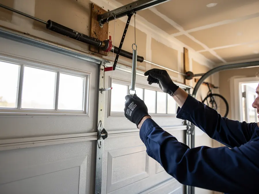 A technician in black gloves holds a spring above a white garage door.